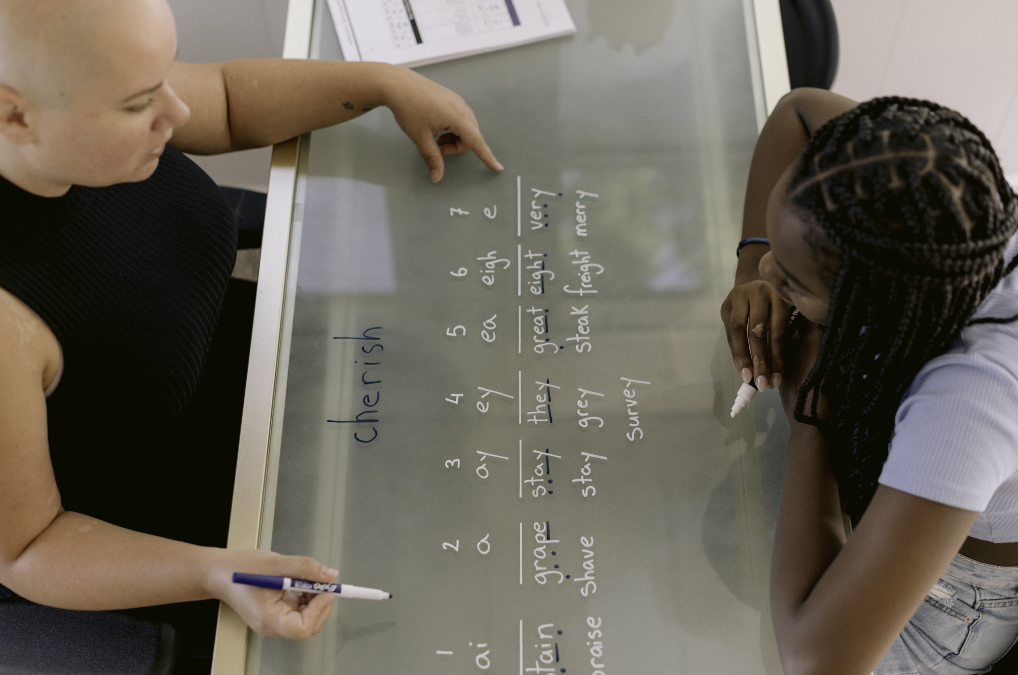 A tutor guiding a learner through a literacy activity